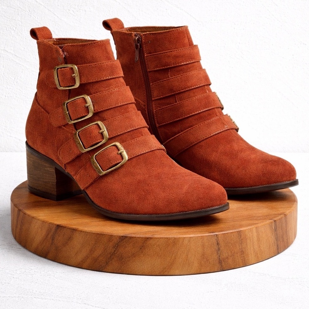 Lucky Brand Rust Suede Ankle Boots‎ Buckle Strap Western Boho Womens 6M